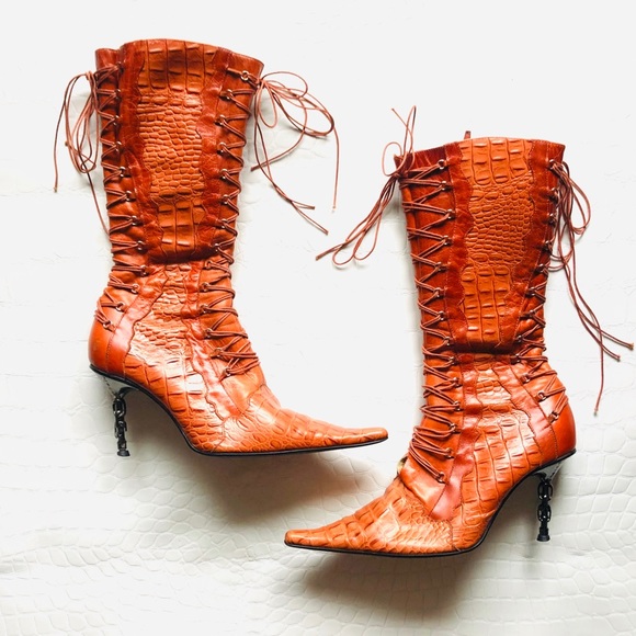 Vintage Shoes - Rare Vintage Lace-up Croc-like Print Orange Boots